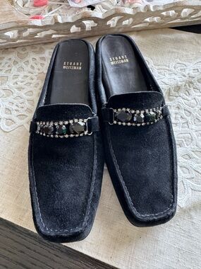 Stuart Weitzman Black Suede Jeweled Mule Loafers Slip On Size 9